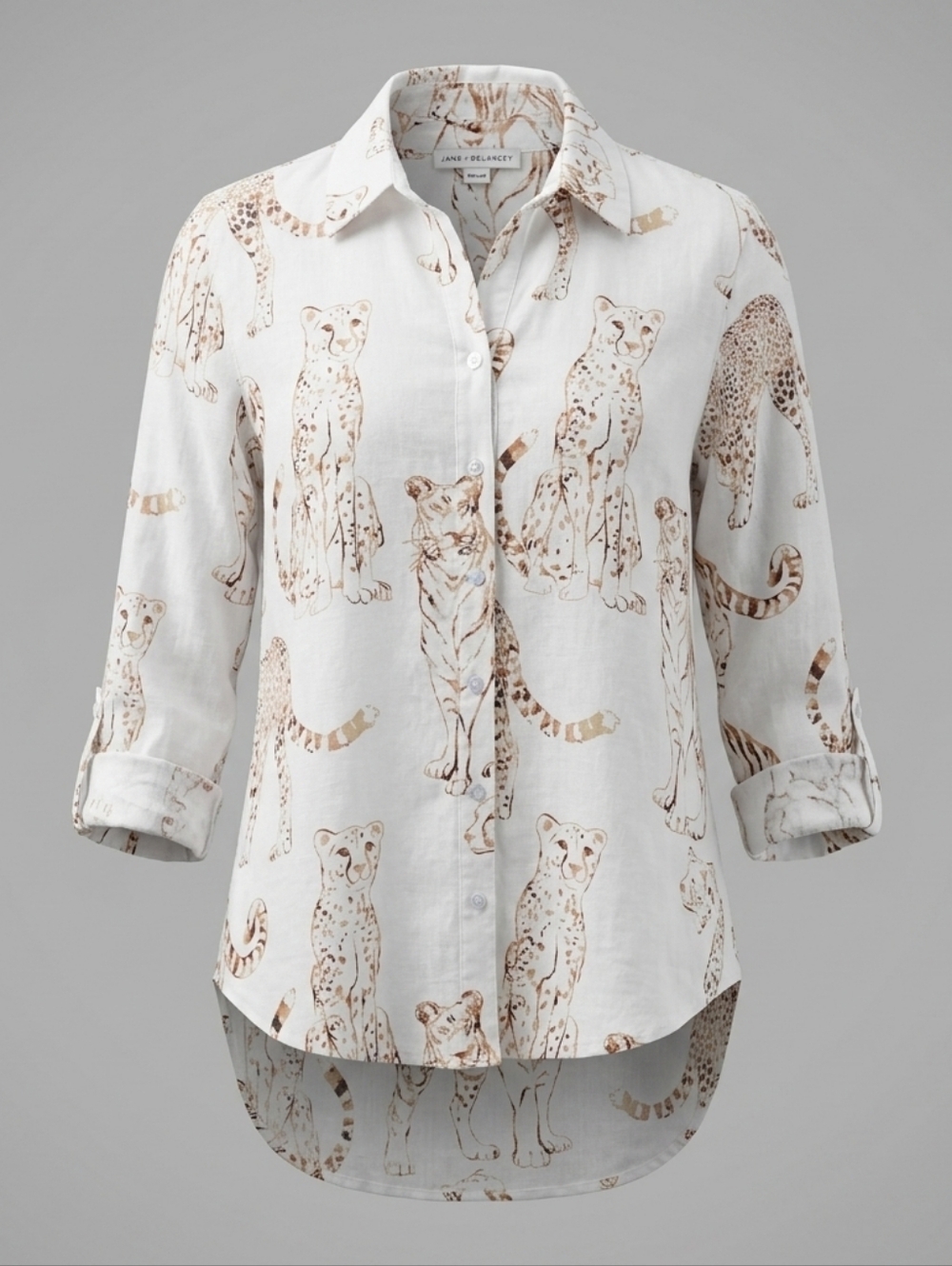 Jane Delancey Wild Cat Print Blouse Medium Linen Boho Safari Chic Top Linen